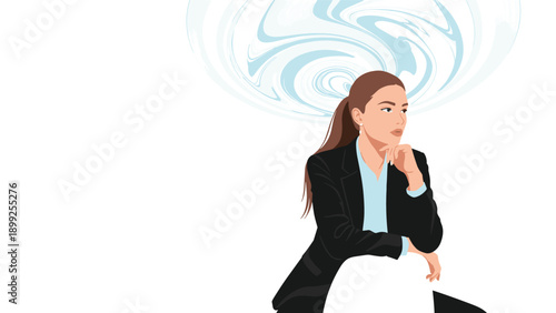 Confident businesswoman wearing a black suit sitting and thinking deeply with a blue swirling pattern above her head.
