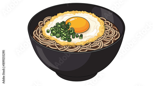 Delicious bowl of hot japanese soba noodles topped with a crispy fried egg and fresh chopped green onions in dark broth.