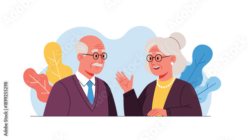Happy elderly man and woman with grey hair wearing glasses talking and laughing together against a blue abstract background.
