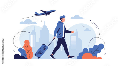Traveling businessman walking with a blue rolling suitcase in a modern city skyline with a jet plane flying in the sky.