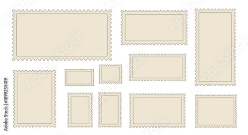 Collection of blank, beige postage stamps with perforated edges, arranged in a scattered pattern on a white background.
