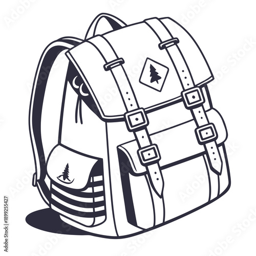 A detailed illustration of a backpack with various compartments and straps