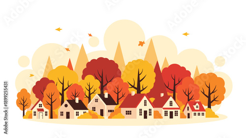 Peaceful autumn village landscape with white houses nestled among vibrant red and yellow trees against a soft orange sky.