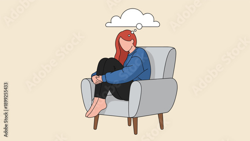 Young woman sitting in a grey armchair hugging her knees and thinking with a large blank thought bubble over her head.