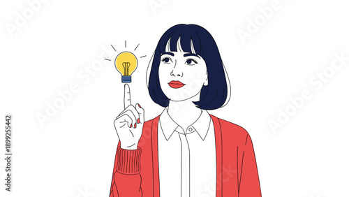 Smart young woman wearing a red cardigan having a bright new idea represented by a glowing yellow light bulb above her finger.