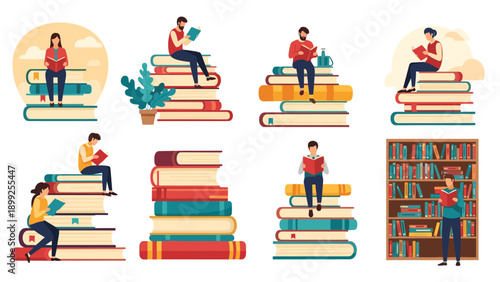 Set of people sitting on large stacks of books reading and studying in various poses and a person standing by a bookshelf.