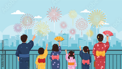 Group of people in traditional colorful yukata standing at a railing and watching vibrant fireworks over a city skyline.