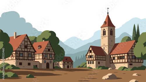 Scenic old european village with traditional half timbered houses and a tall church tower against a backdrop of mountains.