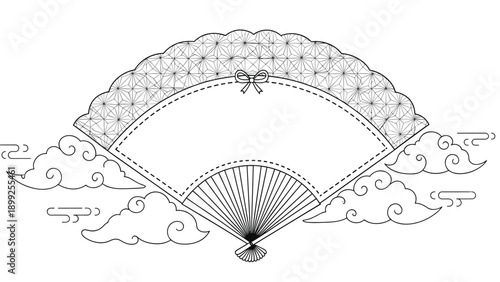 Traditional Japanese folding fan design with intricate patterns and a bow surrounded by stylized clouds in a line art style.
