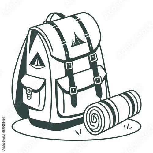 A backpack with a water bottle and a towel on a white background