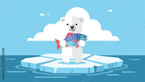 Cute polar bear standing on a small ice floe in the middle of a blue ocean and holding a large colorful fish in its paws.