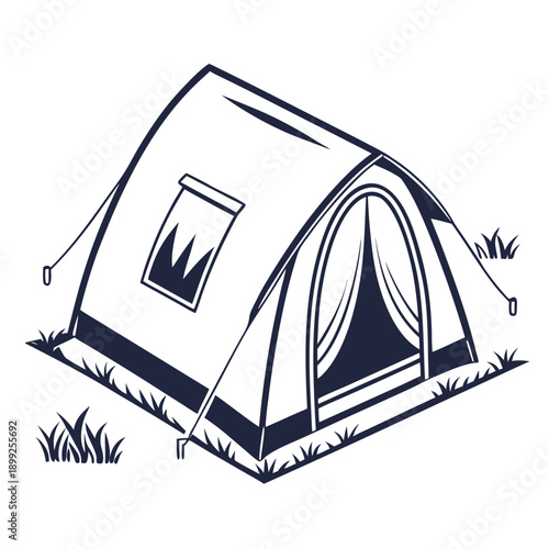 A detailed illustration of a camping tent set up in a natural outdoor environment.