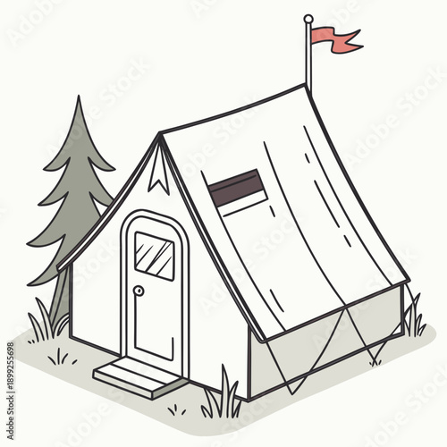 A cozy campsite nestled in the woods with a tent, trees, and a flag.