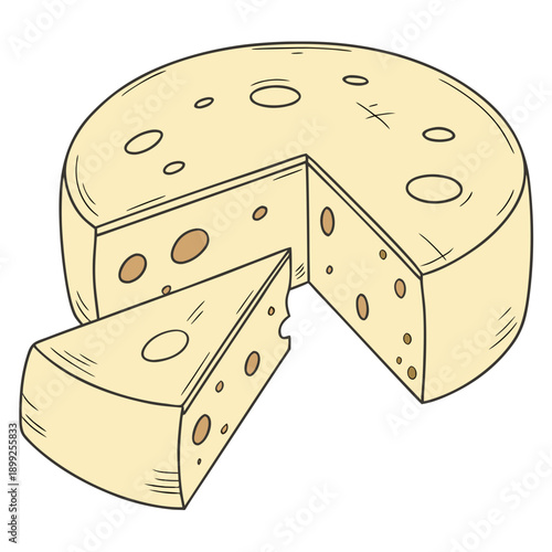 A delicious slice of cheese is being removed from a large cheese wheel.