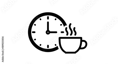 A simple black and white icon representing a clock next to a steaming cup of coffee.