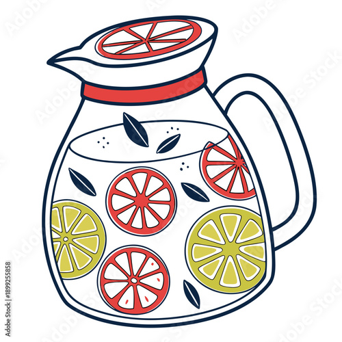 A beautifully illustrated pitcher filled with sliced lemons and a lemon garnish.
