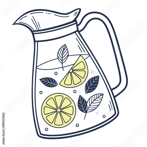 A beautifully illustrated pitcher filled with lemonade and fresh lemon slices.