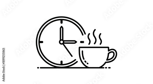 A simple line art illustration of a clock next to a steaming cup of coffee.