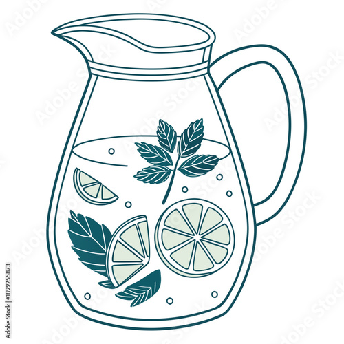 A pitcher filled with water and lemon slices, adorned with green leaves and a lemon slice on the side.