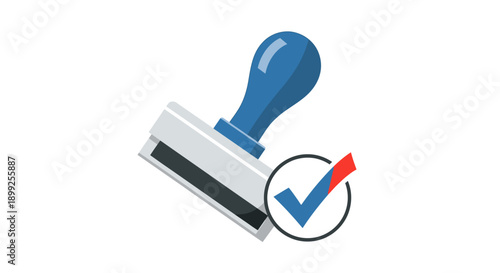 A blue and white rubber stamp with a red and blue checkmark inside a circle, indicating approval or confirmation.