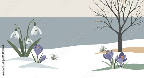 Snowy landscape with blooming flowers and bare tree in winter scenery