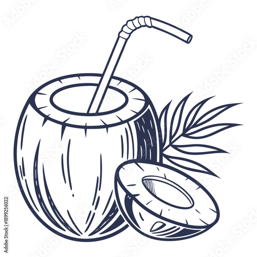 Freshly opened coconut with a straw and palm leaf on the side