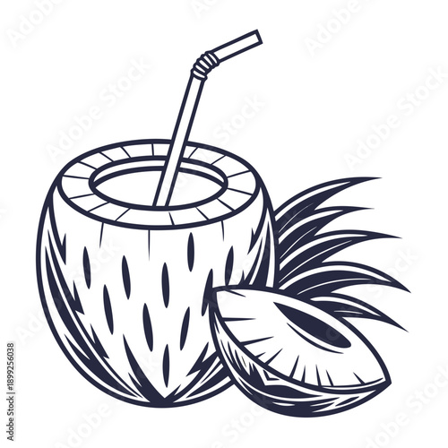 A refreshing coconut drink with a straw and a slice of coconut on the side