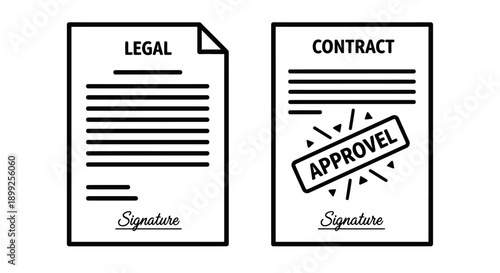 Two documents are shown side-by-side: one labeled 'LEGAL' and the other 'CONTRACT' with an 'APPROVAL' stamp.