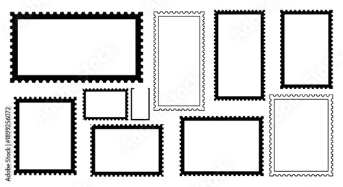 A collection of various blank postage stamps with perforated edges, arranged in a scattered pattern on a white background.