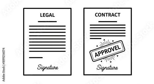 Two documents are shown side-by-side, one labeled 'LEGAL' and the other 'CONTRACT' with an 'APPROVAL' stamp.
