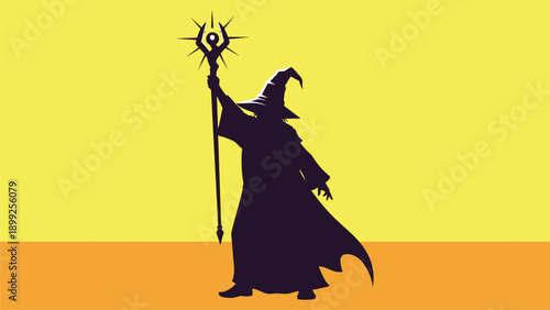 Magical Wizard Silhouette Holding a Staff on a Stylized Background