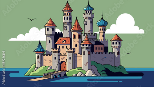 Cartoon Fairy Tale Castle on Island with Bridge. Whimsical Medieval Fortress Illustration on Water with Green Sky.