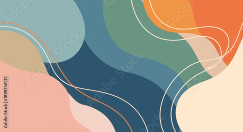Vibrant abstract background with wavy lines and colorful organic shapes in blue green orange and peach hues for design