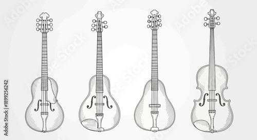 A detailed illustration showcasing the evolution and variations of stringed instruments, from guitars to violins.