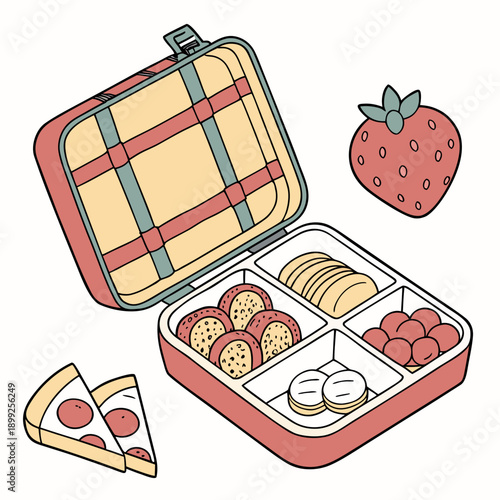 A delightful assortment of lunchtime favorites including sandwiches, pizza, and fruit.