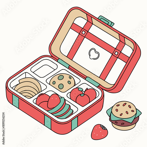 A vibrant red lunch box filled with a variety of delicious food items