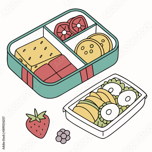 A variety of food items neatly arranged in a bento box with a strawberry and dice.