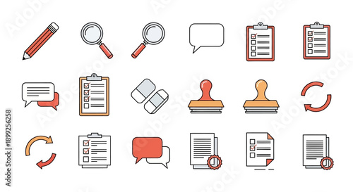 A collection of flat design icons representing various business and administrative tasks, including search, documents, and communication.