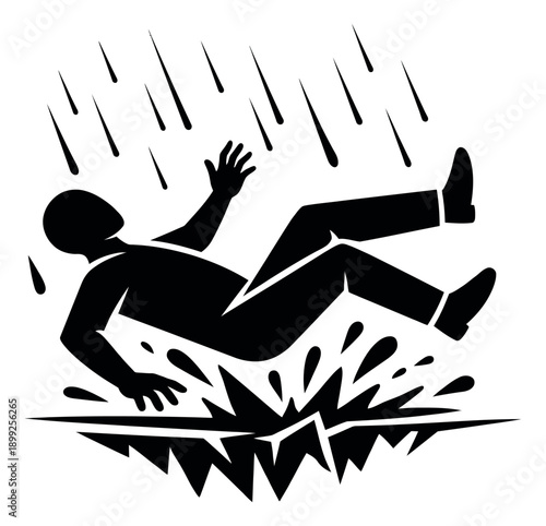 Pictogram style illustration of a person depicting an accidental fall in the rain for safety warnings
