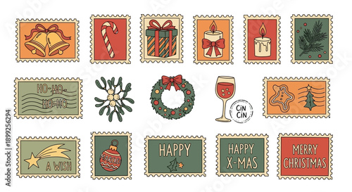 A collection of festive Christmas-themed postage stamps featuring holiday icons and greetings.