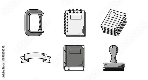 A collection of six black and white icons representing office supplies and tools, including a clamp, notebook, stack of papers, ribbon, book, and stamp.