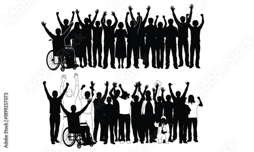 Diverse Crowd Silhouette with Inclusive Figures, Large Group of People Cheering with Raised Hands, Featuring Person in Wheelchair, Unity and Community Support Concept for Social Advocacy