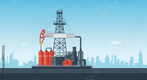 Oil drilling rig in industrial landscape with city skyline.
