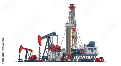 Oil Rig and Pumpjack Illustration.