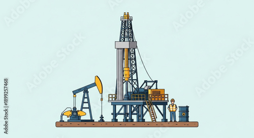 Oil Rig and Pumpjack Illustration.