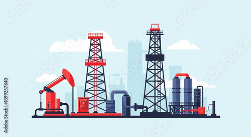 Oil rig and pumpjack industrial complex illustration.