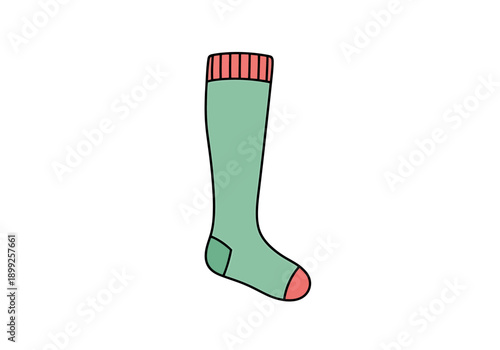 Simple Mint Green Knee High Sock with Red Toe and Cuff Isolated on White Background Clean Line