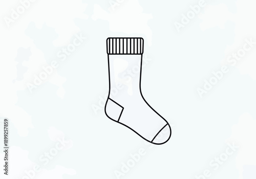 Simple outline drawing of a single sock with ribbed cuff and heel detail isolated on a light textured background for apparel design elements