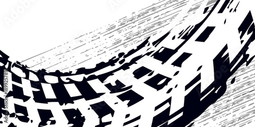 Grunge tire track, wheel braking marks. Truck, car or motorcycle tread pattern silhouette. Auto race, motorsport, speed racing design element. Vector illustration