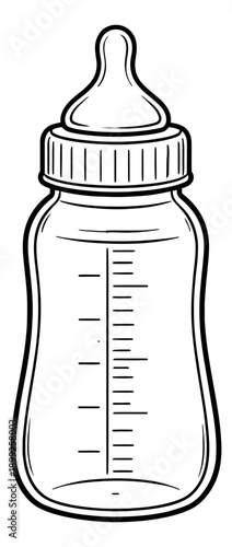 Hand drawn line art illustration of a baby bottle depicting a feeding container with measurement markings for infant nutrition
